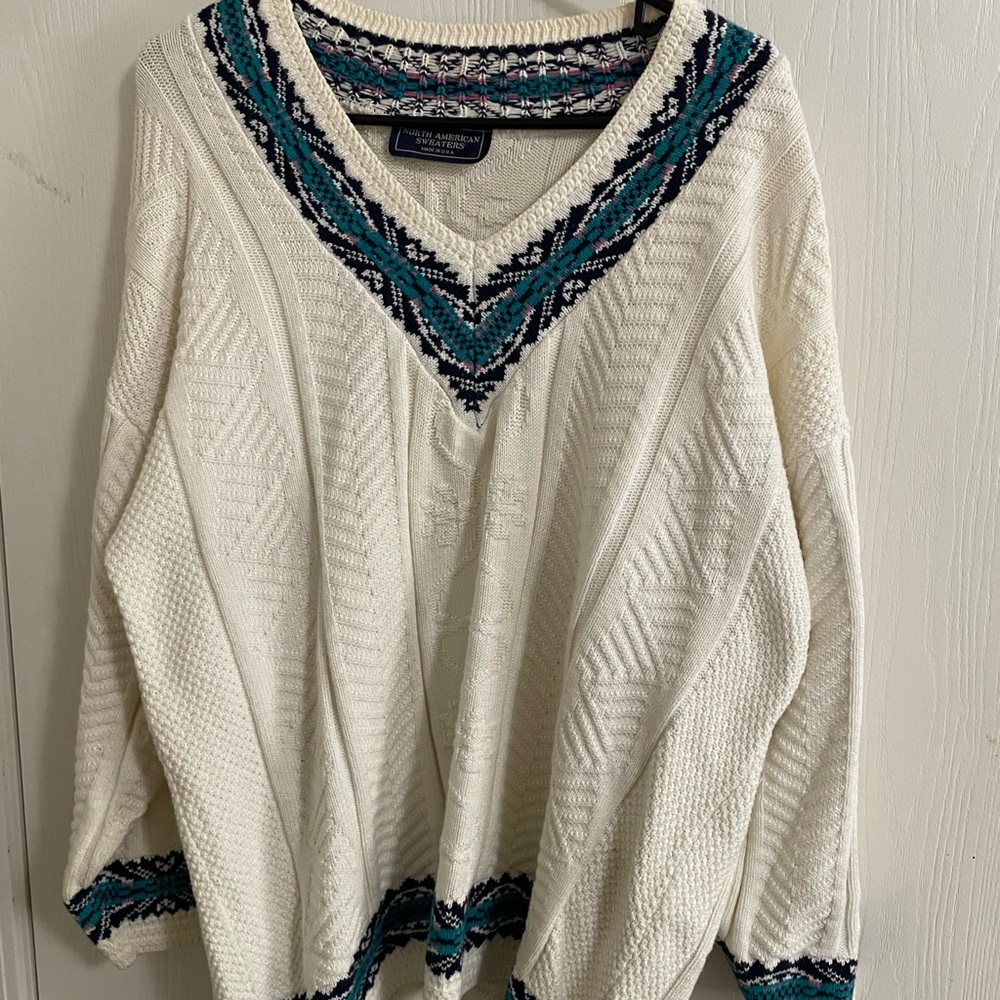 Classic V-Neck Sweater with Teal and Navy Accents